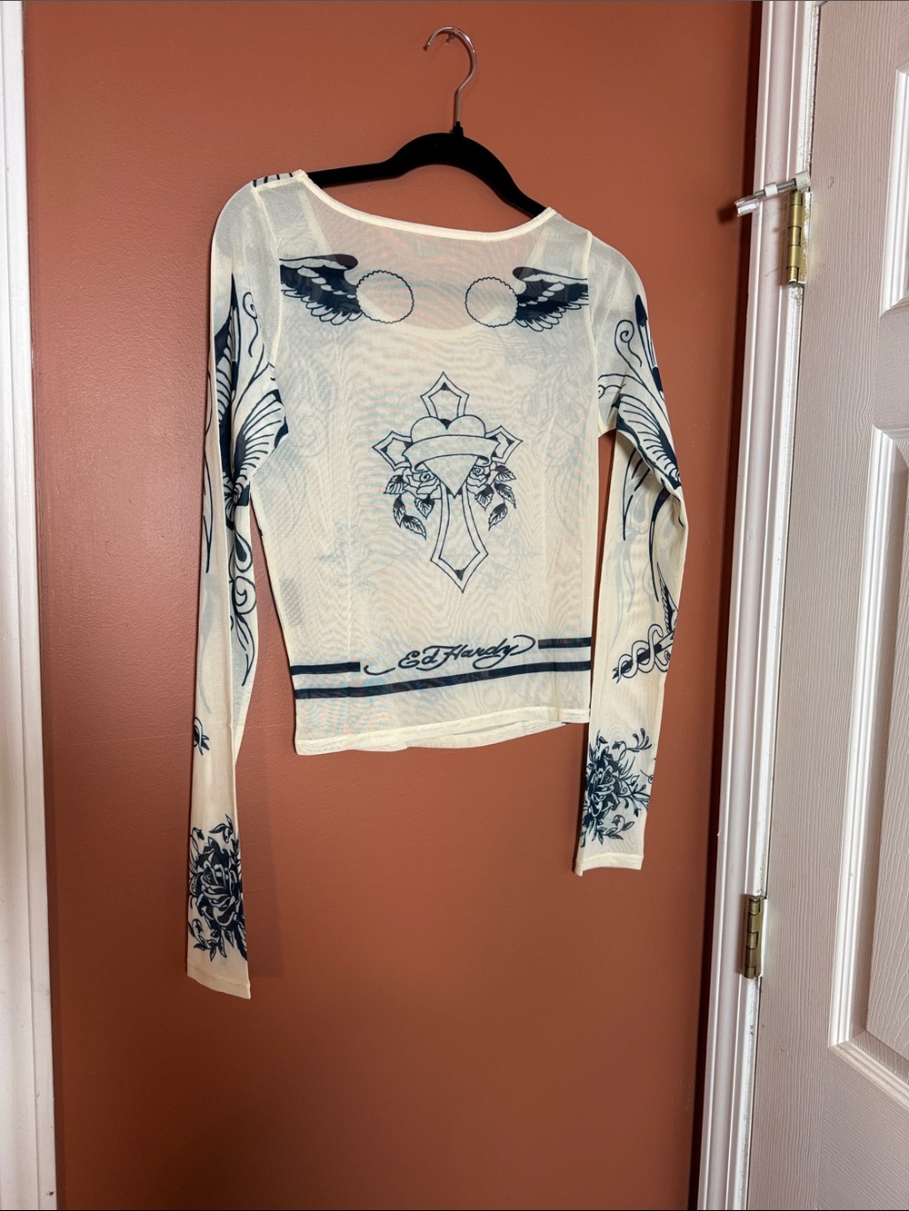 NWOT Ed Hardy Cream Long-Sleeve Mesh Top with Navy Tattoo Floral Print - Picture 3 of 3